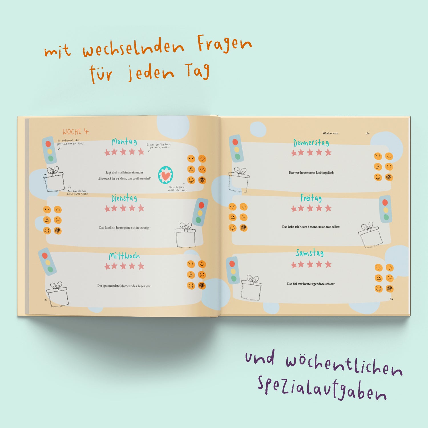 Aufgeschlagene Wochenseite aus 'Du + Ich - Das Verbindungsbuch' mit Woche 4. Sechs Tagesfelder von Montag bis Samstag zeigen wechselnde Fragen, Stimmungs-Emojis und Bewertungssterne. Oben steht 'mit wechselnden Fragen für jeden Tag' und unten 'und wöchentlichen Spezialaufgaben'.